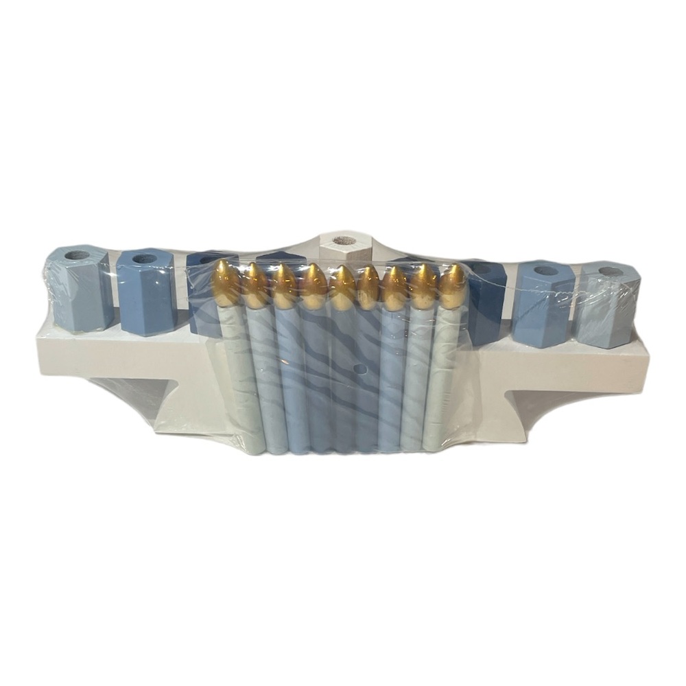Wooden Decorative Menorah White Blue Gold